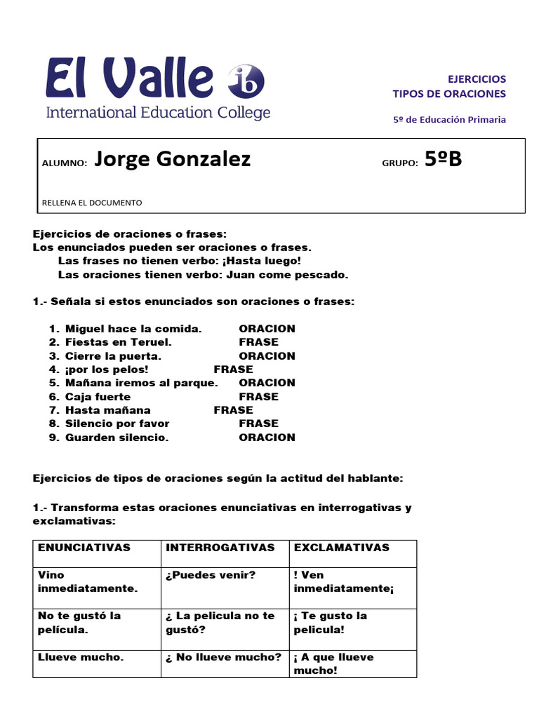 Ejercicios de Oraciones para 5º Primaria | PDF | Artes del Lenguaje y ...