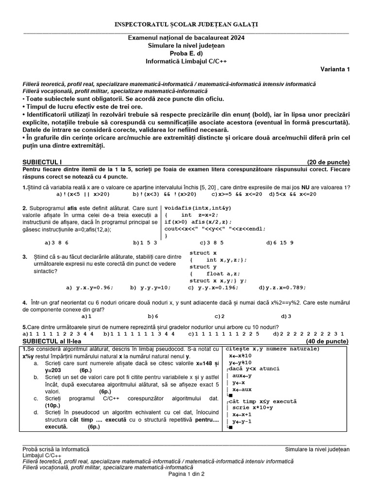 Subiect - Informatica - MI - Simulare - Jud - BAC 2024 - V1 | PDF