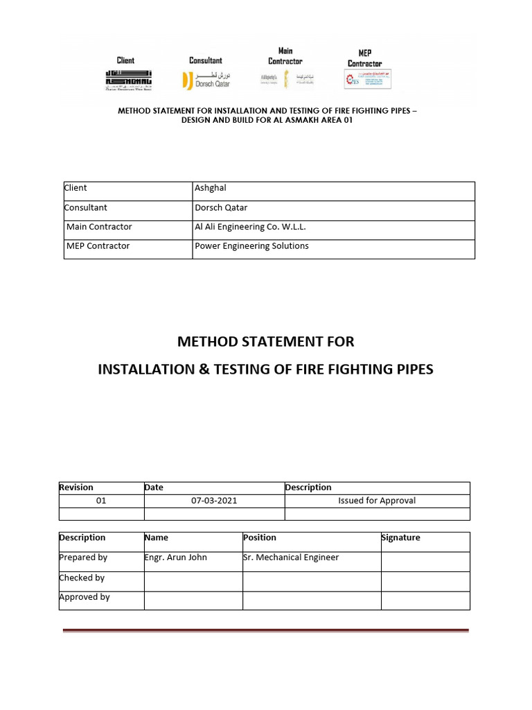 Fire Fighting Pipes Installation Method Statement | PDF | Pipe (Fluid ...