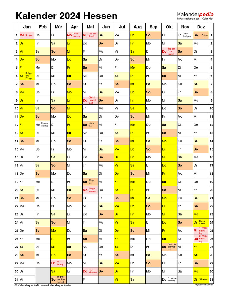 Kalender 2024 Hessen Hochformat 1 Seite PDF