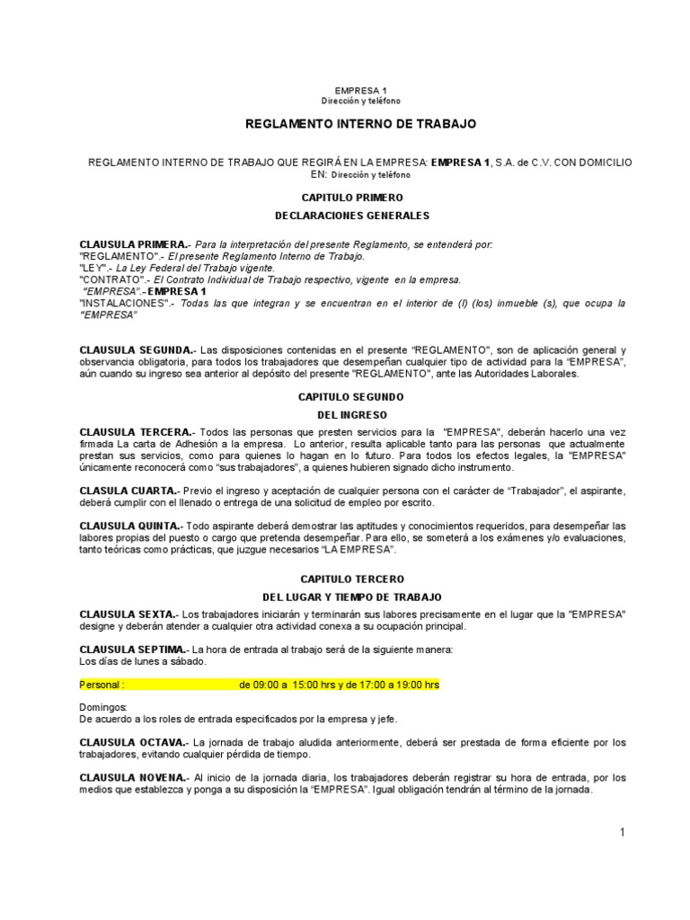 REGLAMENTO INTERNO EJEMPLO 1