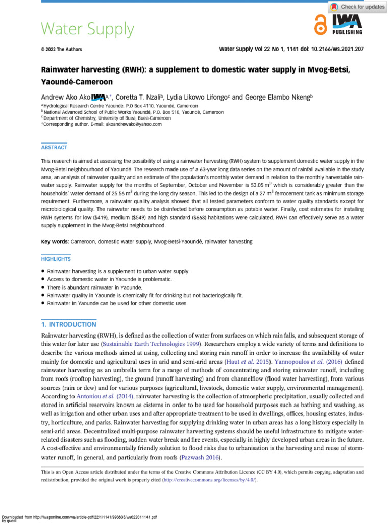 Rainwater Harvesting (RWH) : A Supplement To Domestic Water Supply in ...