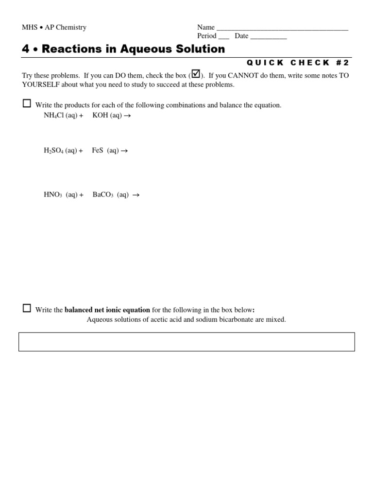 Chapter 4 - Quick Check 2 (Reactions in Aqueous Solution) | PDF