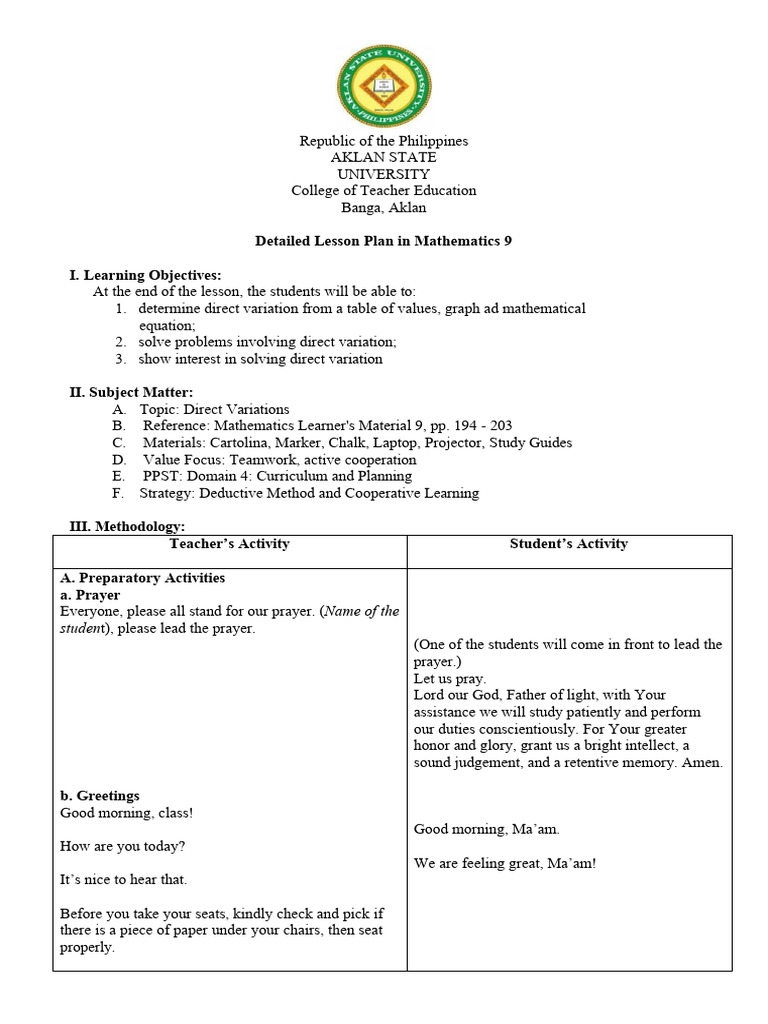 Direct Variation Lesson Plan for Grade 9 | PDF