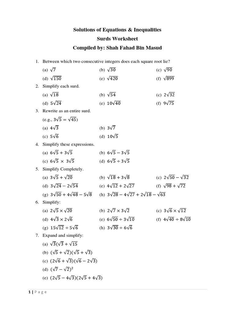 Surds Worksheet PDF Elementary Mathematics Abstract Algebra