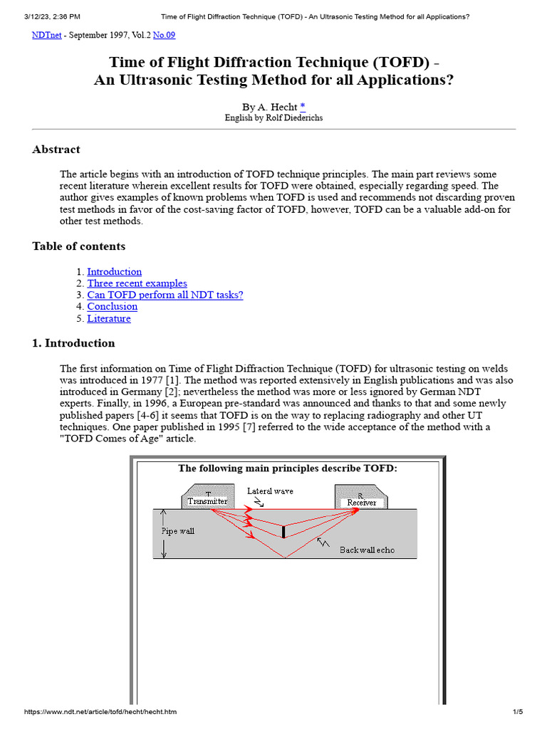 Time of Flight Diffraction Technique (TOFD) - An Ultrasonic Testing ...