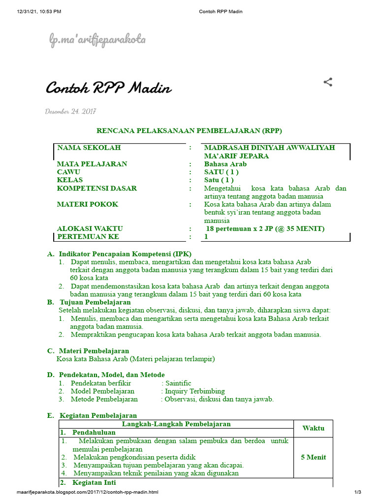 Contoh RPP Madrasah Diniyah | PDF | Karier & Perkembangan