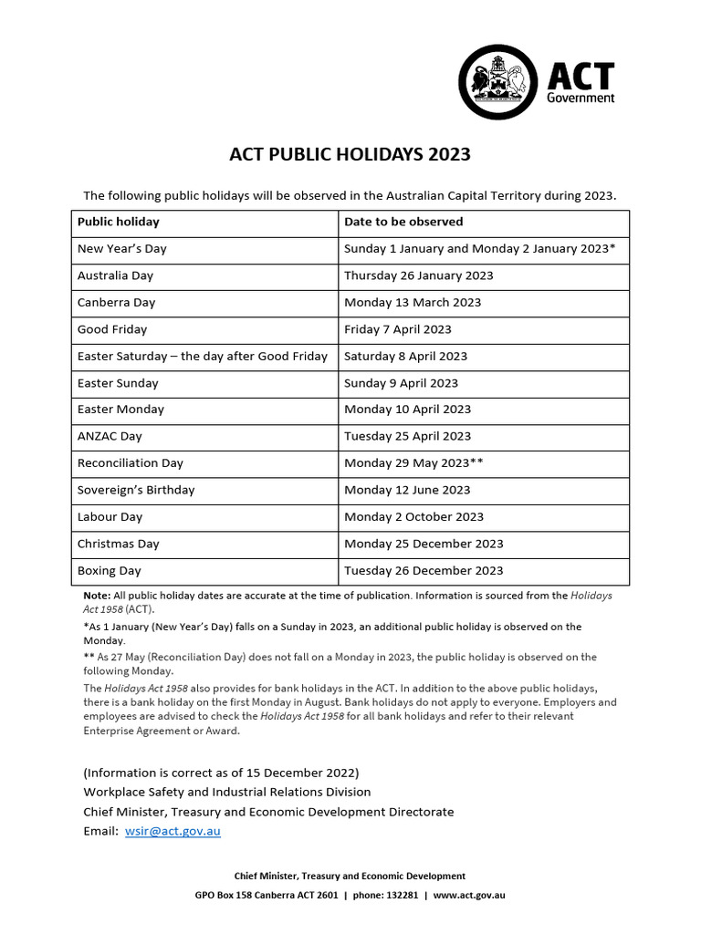 ACT Public Holidays 2023 | PDF