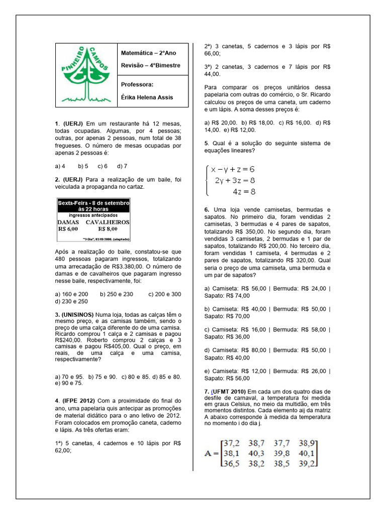 Lista de Revisão - 2 Ano | PDF
