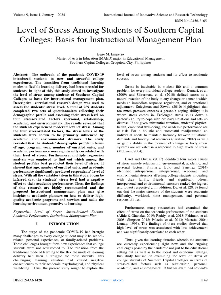 Level of Stress Among Students of Southern Capital Colleges: Basis For ...