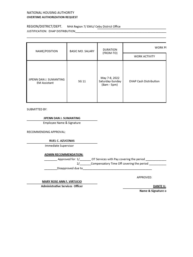 NHA Overtime Authorization & Accomplishment Report | PDF