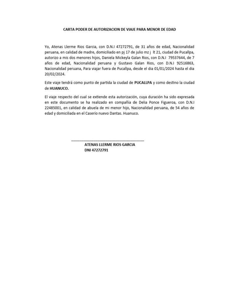 Carta Poder De Autorizacion De Viaje Para Menor De Edad Pdf