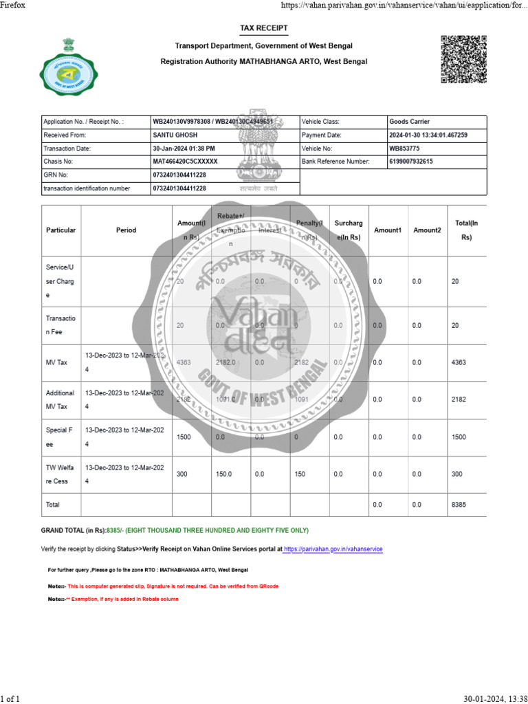 Tax receipt transport department government of west bengal