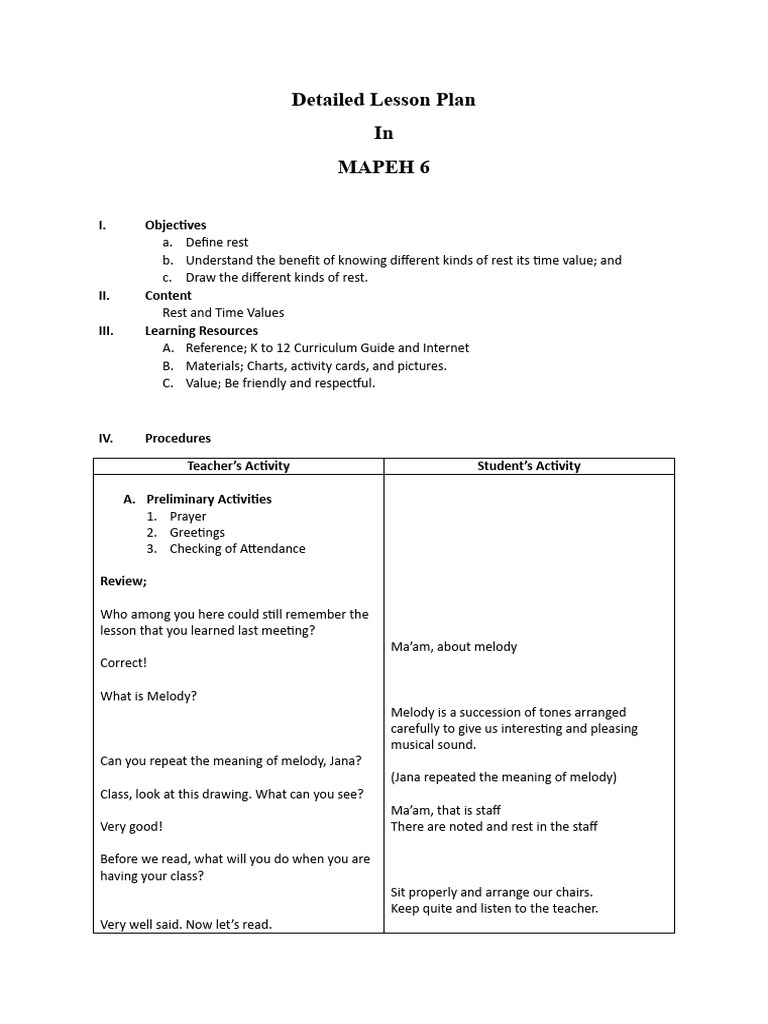 Grade 6 MAPEH: Understanding Musical Rest | PDF | Lesson Plan | Teachers