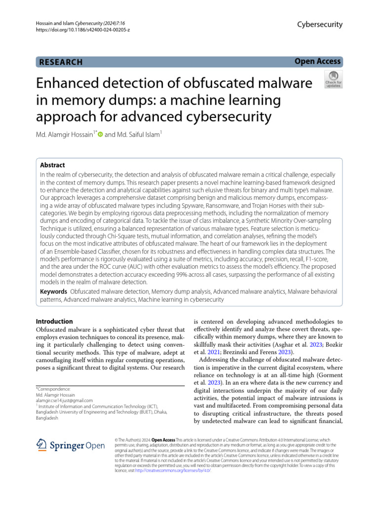 Enhanced Detection of Obfuscated Malware in Memory Dumps: A Machine ...