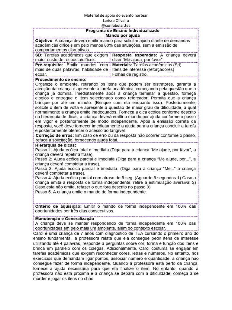 Programa de Ensino Individualizado TEA | PDF