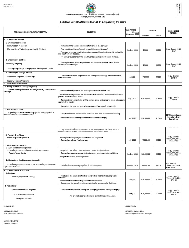 BCPC Plan Cy 2023 Template PDF Adolescence Public Health