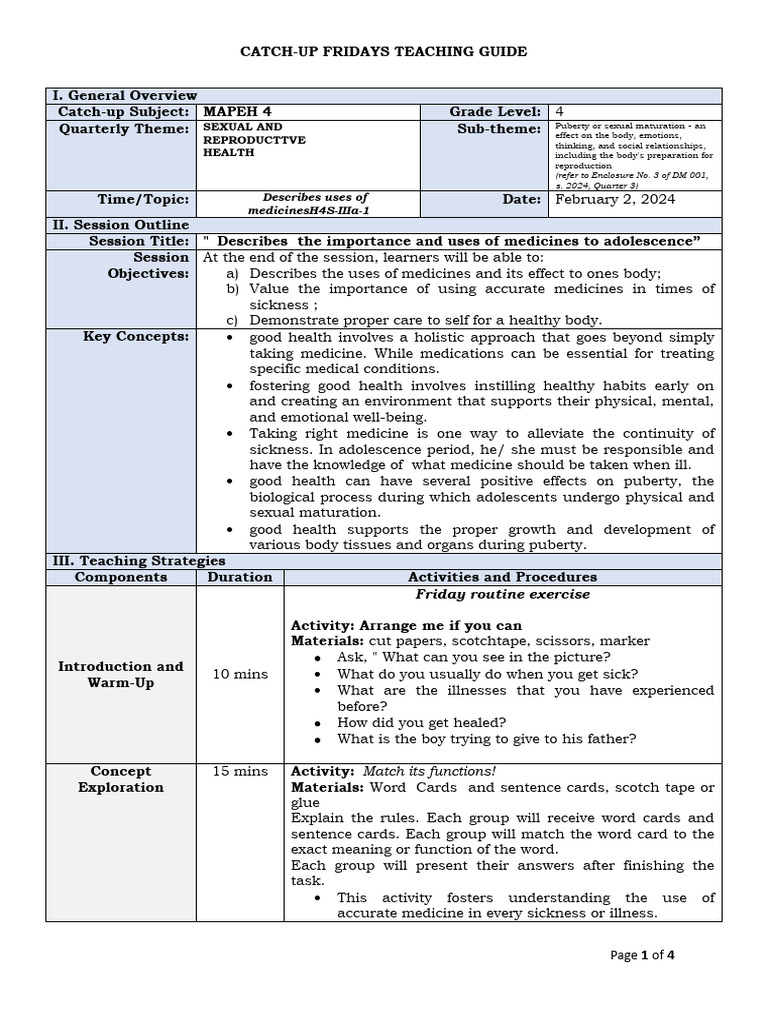 MAPEH 4 Teaching Guide on Medicines | PDF