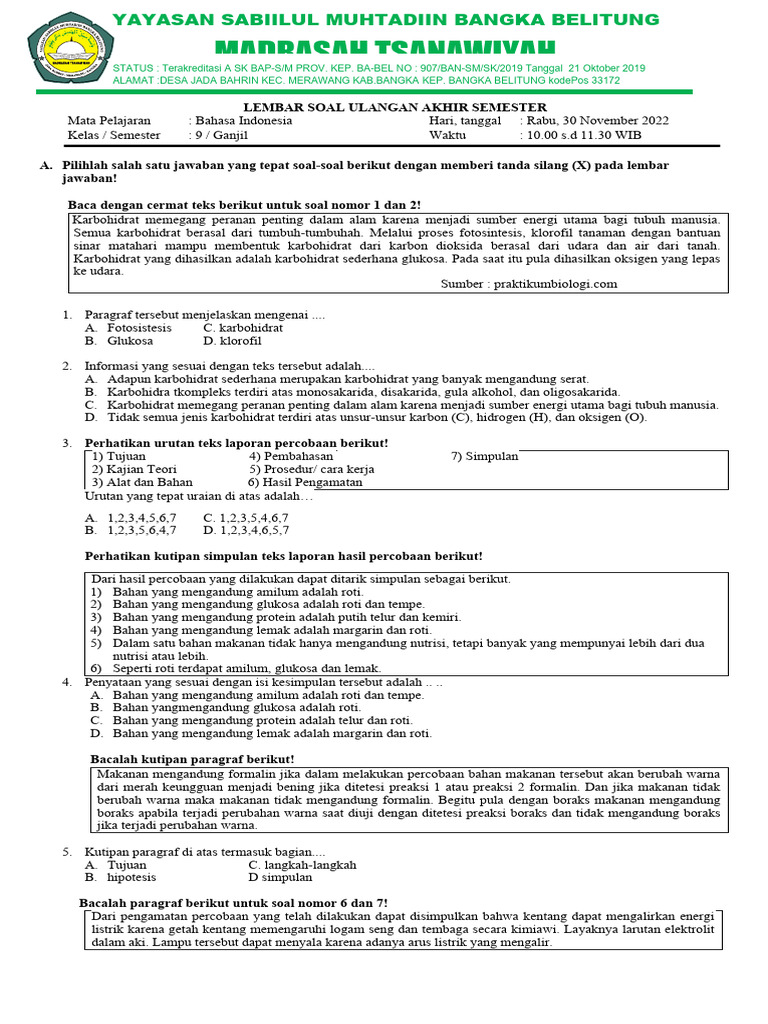 Ujian Bahasa Indonesia Kelas 9 MTs Sabiilul Muhtadiin | PDF