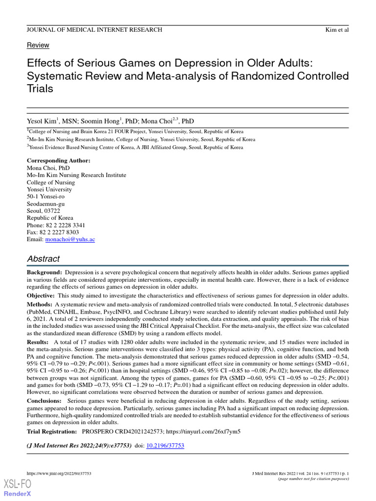 Effects Serious Games On Depression in Older Adults | PDF