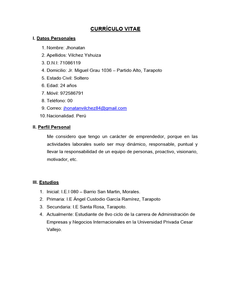 JHONATAN VILCHEZ CV Act | PDF
