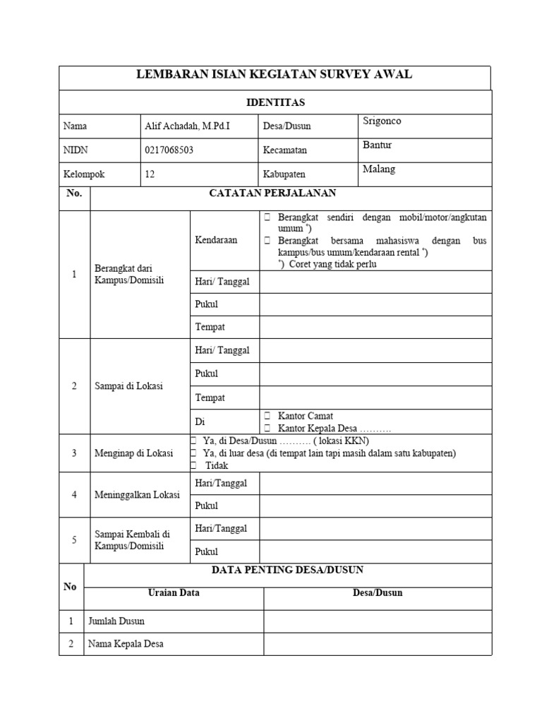 Form Isian Kegiatan Survei Lokasi FK | PDF