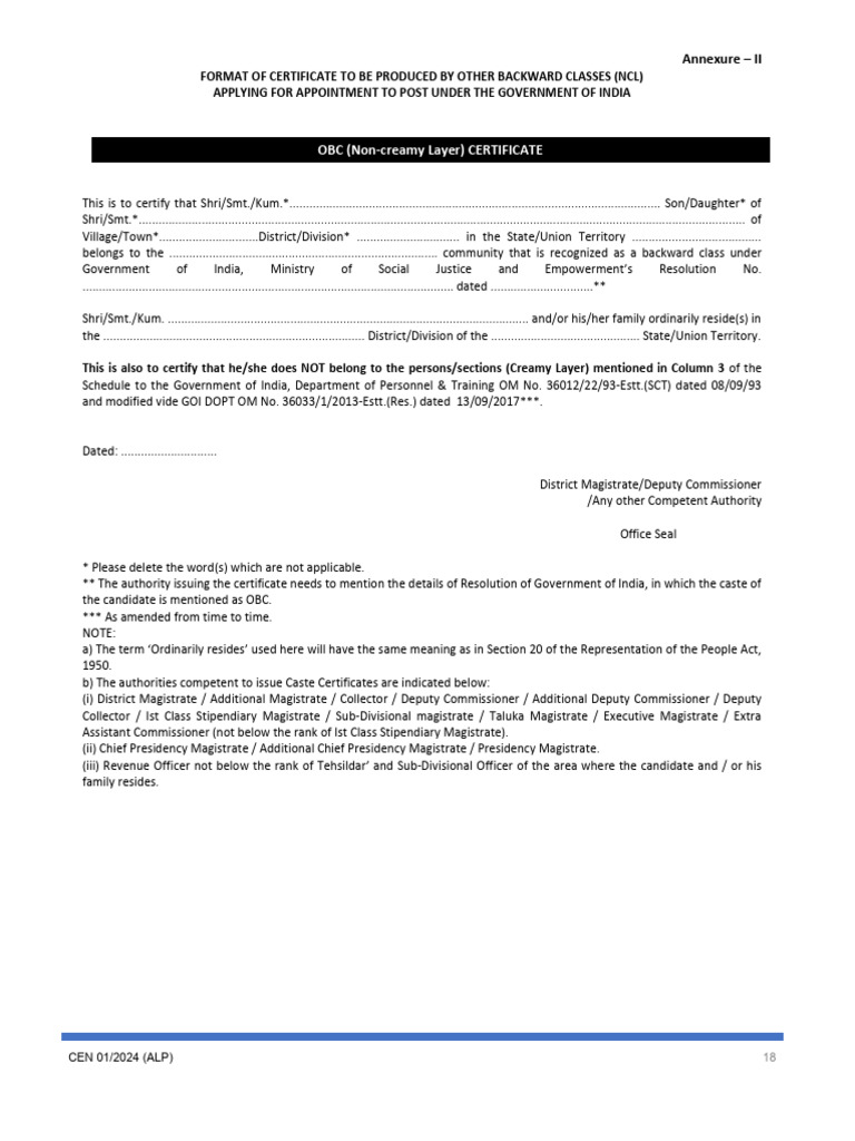 Format of Certificate To Be Produced by OBC NCL Candidates Applying For