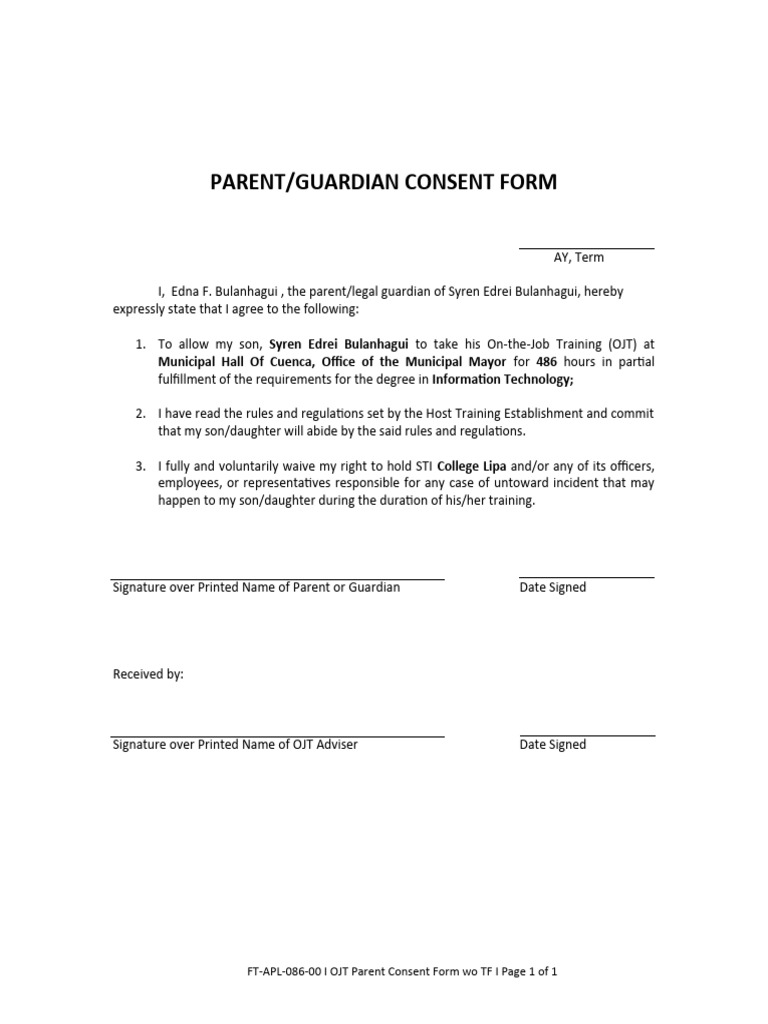 OJT Parent Consent Form Template | PDF