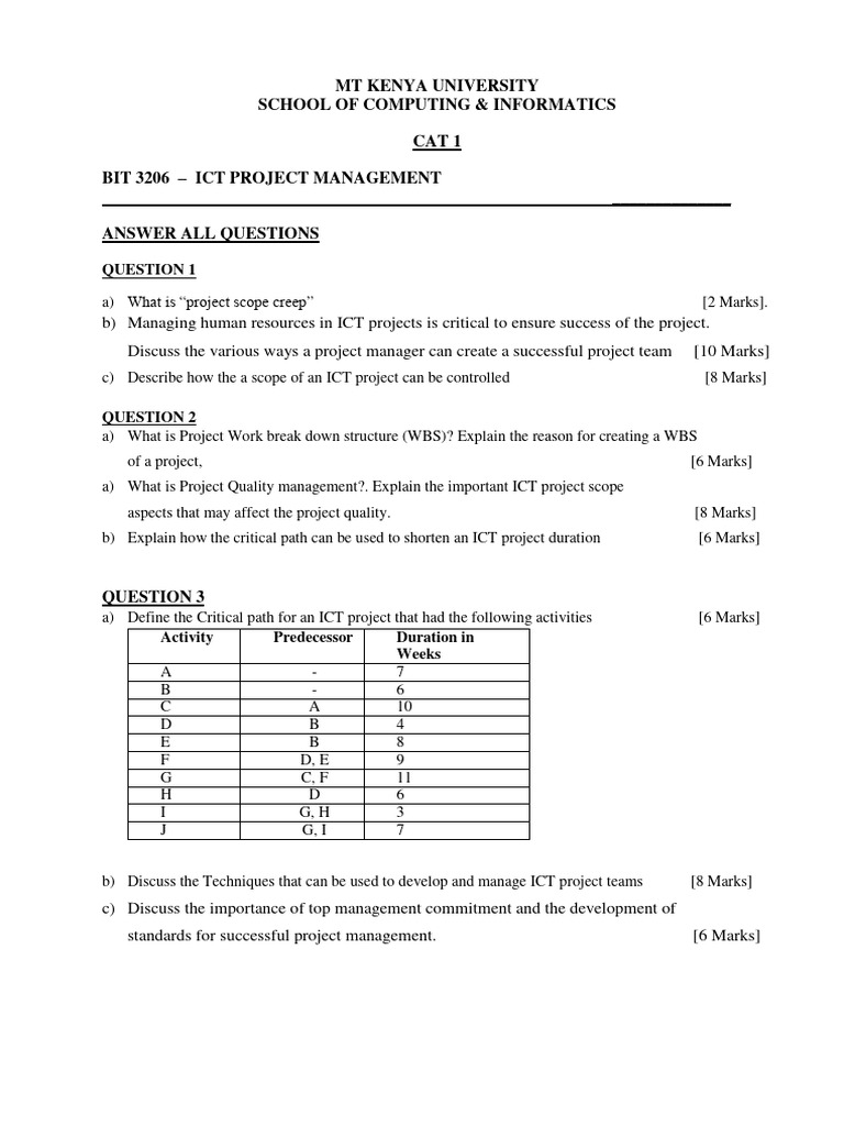 BIT 3206 ICT Project Management CAT1 | PDF