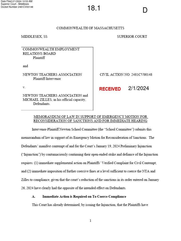 Newton school committee filing 2 1 24 pdf injunction contempt of