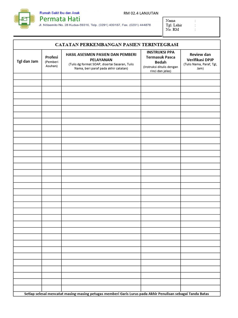Catatan Perkembangan Pasien Terintegrasi Cppt Rm 02 4 Belakang Pdf