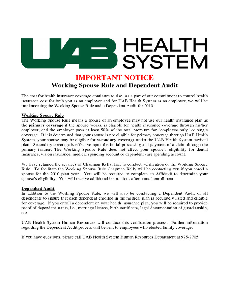 UAB Health System Working Spouse Rule and Dependen PDF