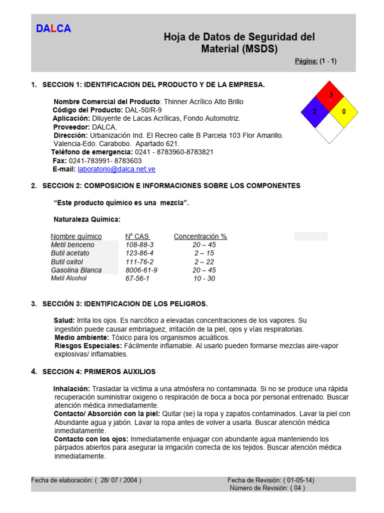 MSDS DAL-50 R-9 THINNER ACRILICO ALTO BRILLO Rev 01-05-14 | PDF