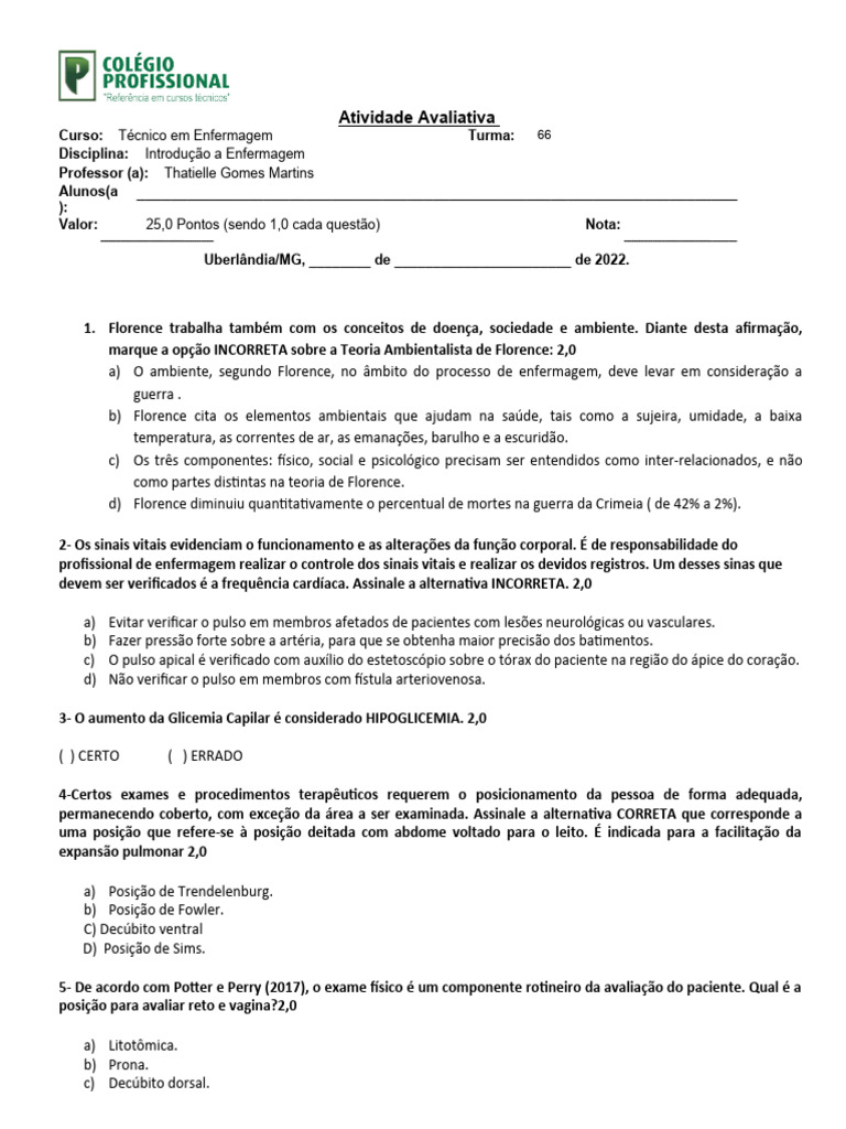 Prova avalitiva turma 61 30 00 semnrespostas pdf enfermagem rem dio