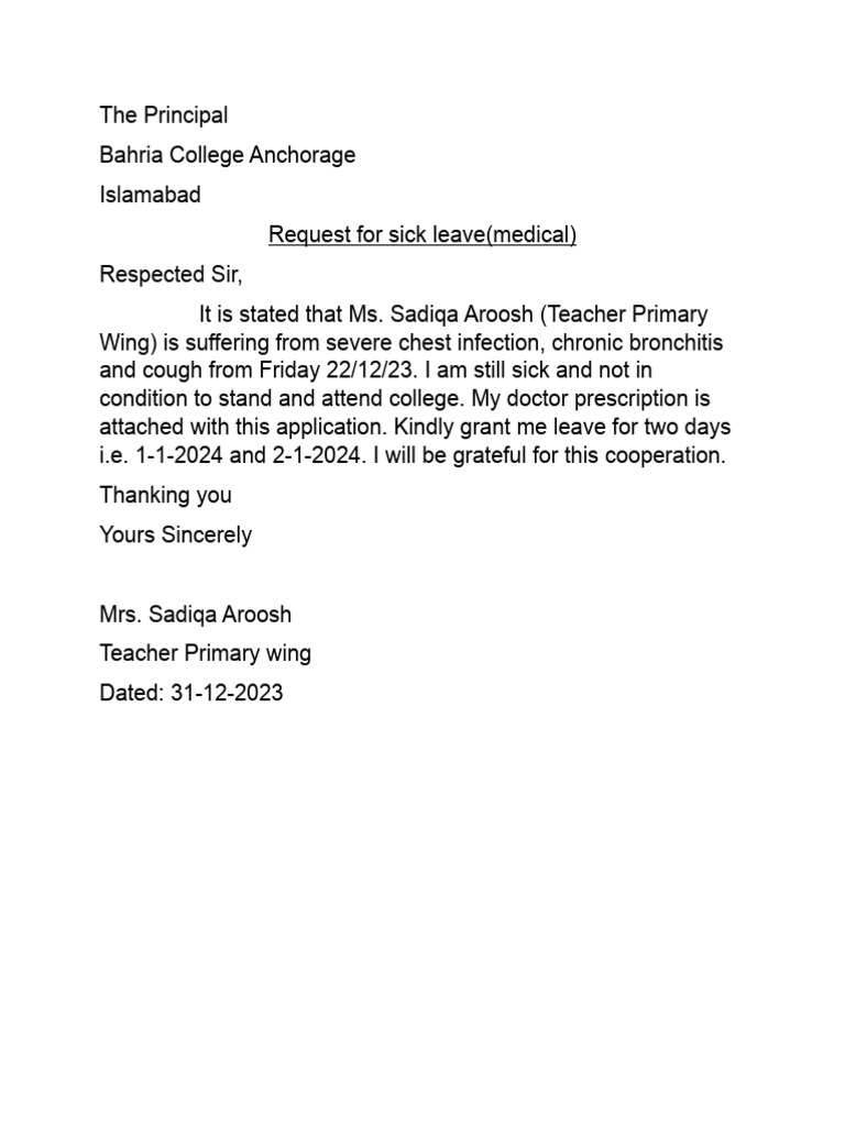 Sick Leave Request for Teacher | PDF