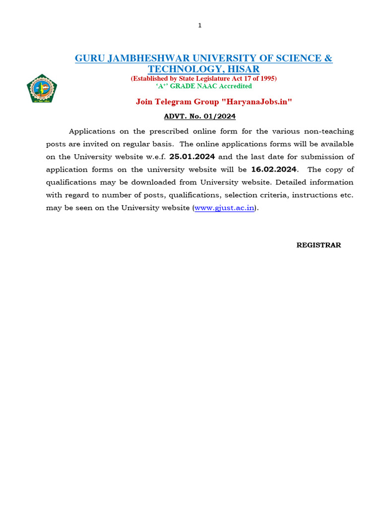 GJU Hisar Non Teaching Recruitment 2024 Notification PDF Academic