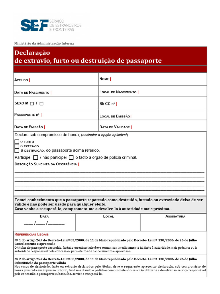 Declaracao de Extravio Furto Ou Destruicao de Passaporte | PDF