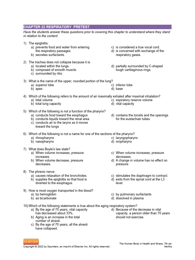 CHAPTER 22 Respiratory PRETEST | PDF | Science &amp; Mathematics
