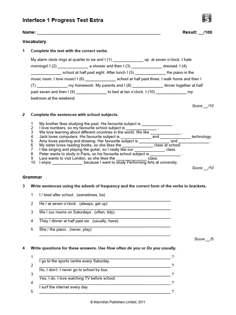 Interface 1 Test U5 Extra | PDF | Subject (Grammar) | Linguistics