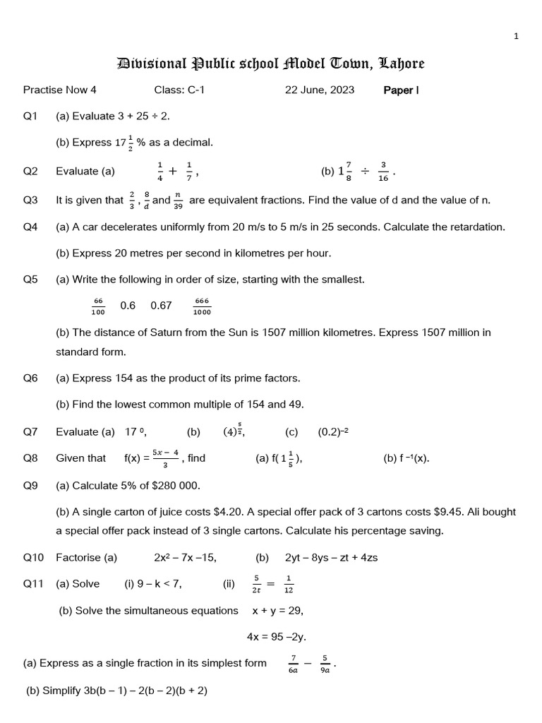 Class C-1 Math Practice Paper | PDF | Numbers | Elementary Mathematics