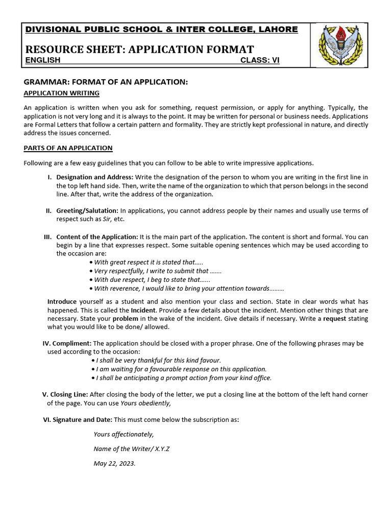 Resource - Application Writing Format (Class Vi) | PDF | Career ...