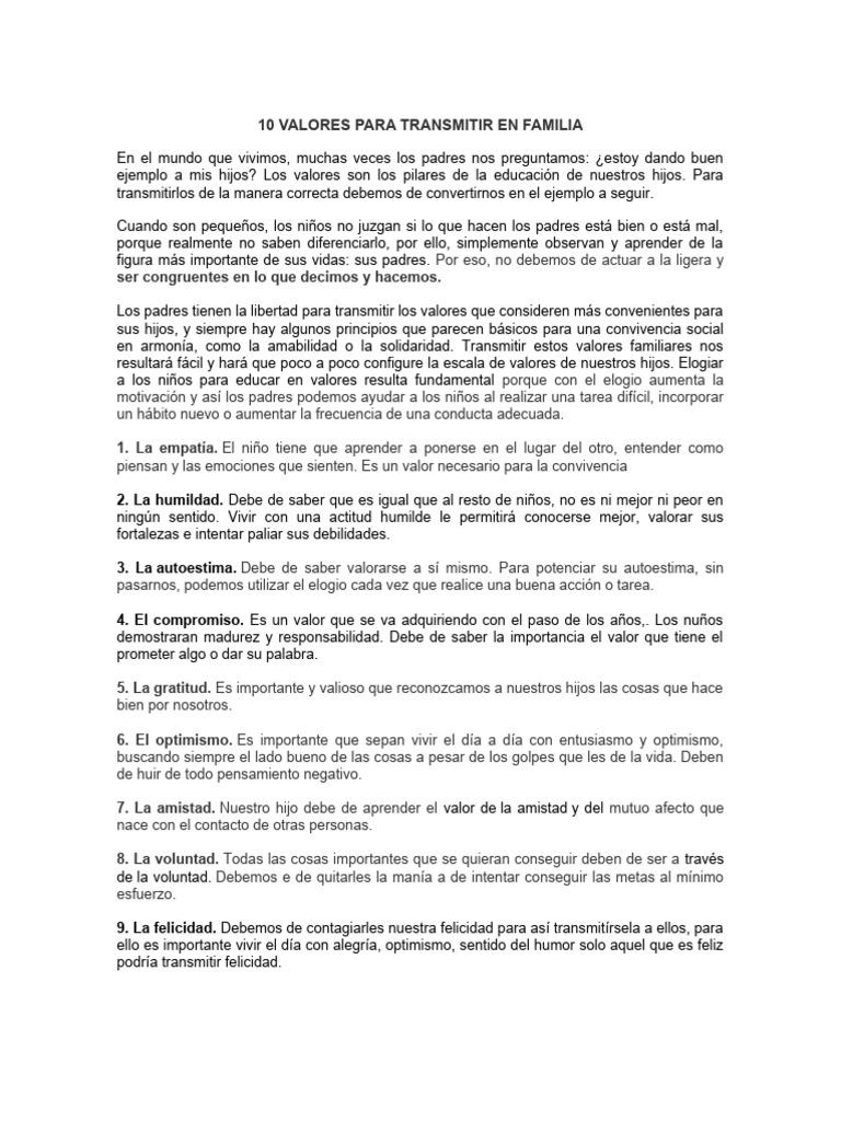 10 Valores para Transmitir en Familia | PDF | Felicidad | Autoestima