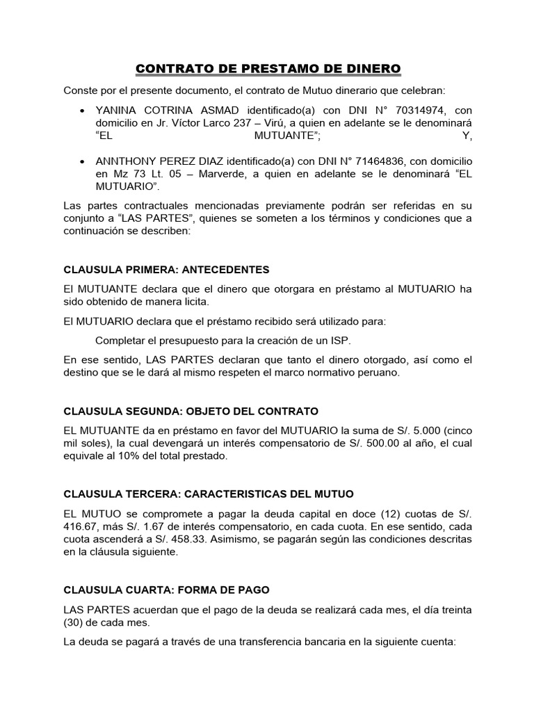 Modelo de Contrato de Prestamo de Dinero | PDF