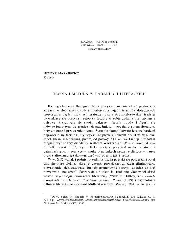 Teoria I Metoda W Badaniach Literac | PDF