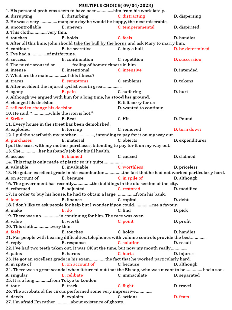 Answer Key To Multiple Choice Test 09.04.2023 | PDF