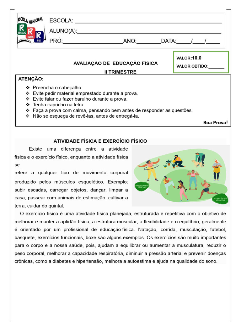 Avaliação de Educação Fisica | PDF