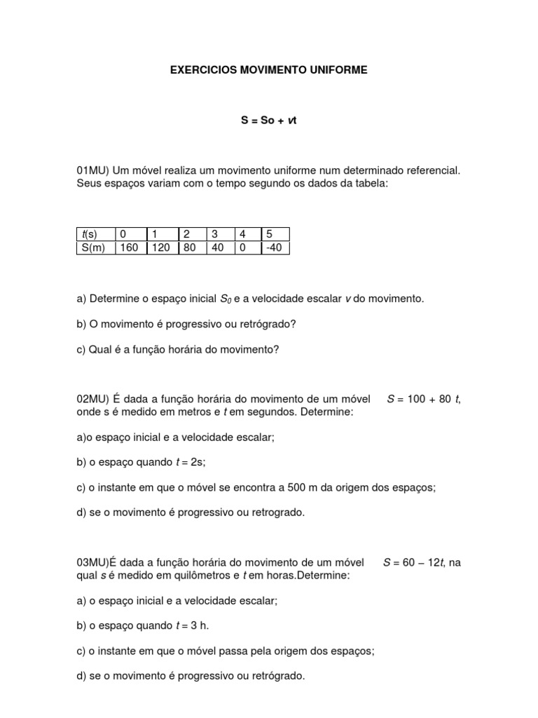 Exercicios Movimento Uniforme | PDF | Velocidade | Trajetória