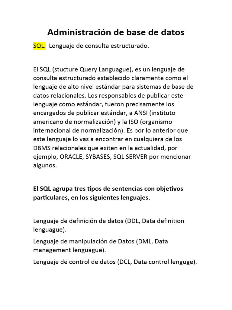 Administración de Base de Datos | Descargar gratis PDF | SQL | Bases de ...