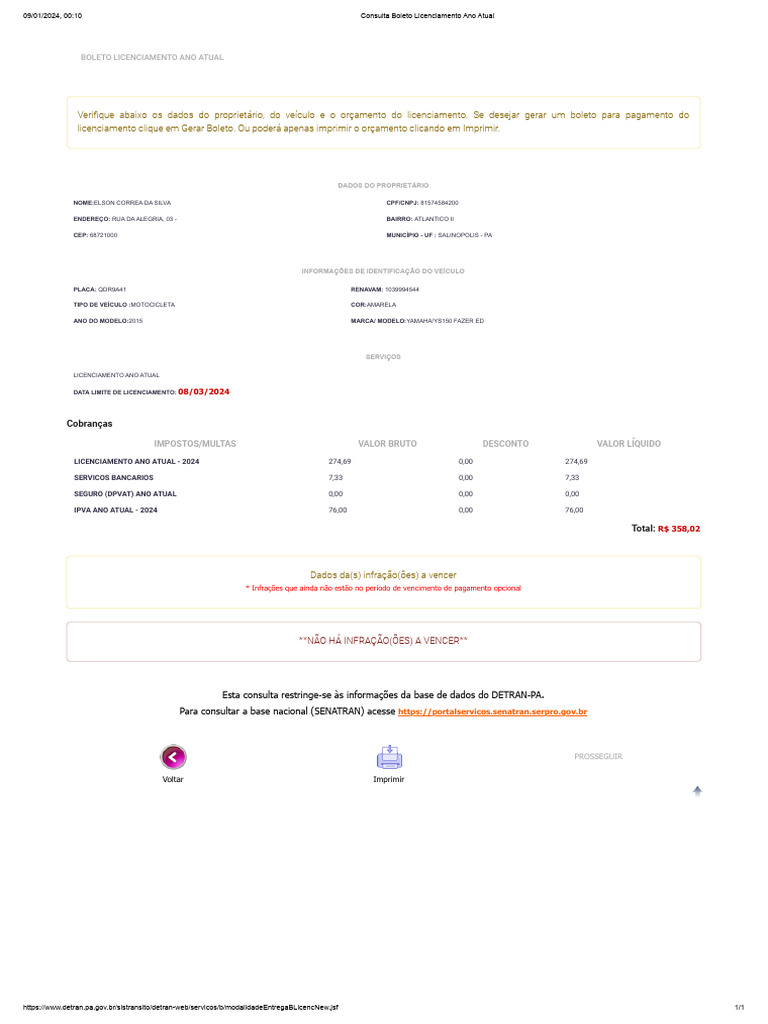 Consulta Boleto Licenciamento Ano 2024 PDF