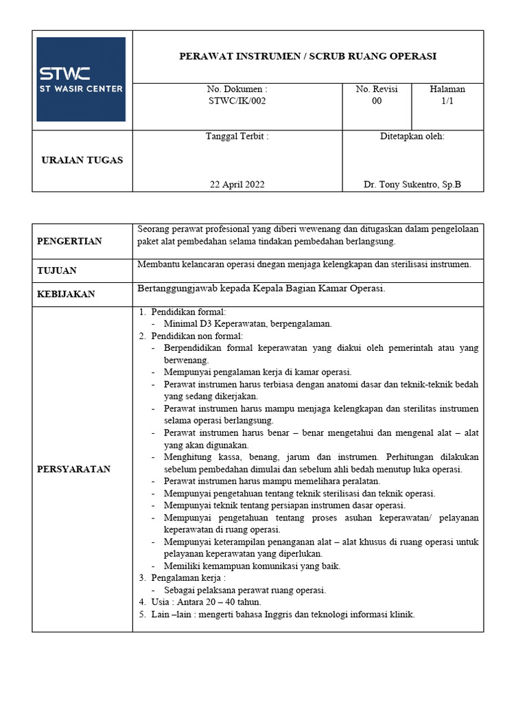 Ik 002 Perawat Instrumen Scrub Ruang Operasi | PDF